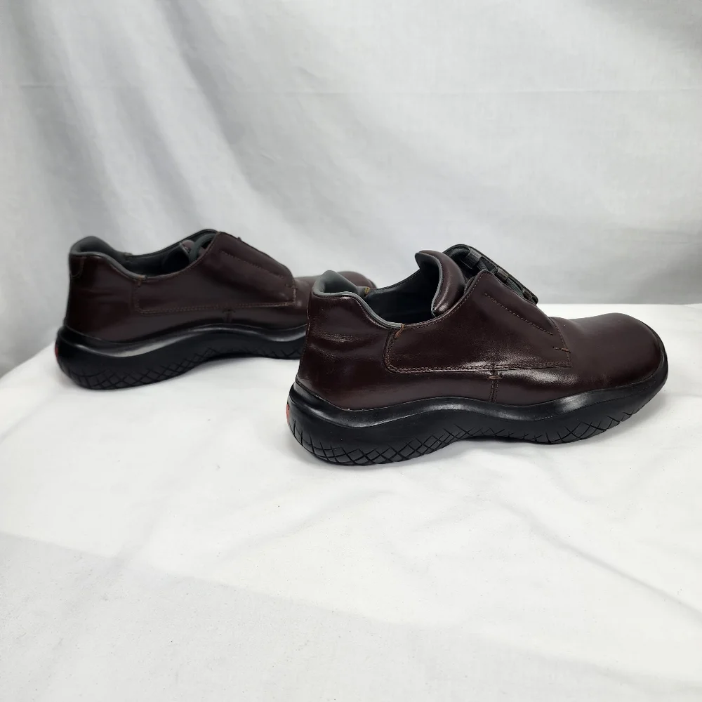 Prada Brown Leather Slip-On Oxfords with Black Soles